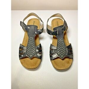 Inblu Sandals Women US 9 EU 40 Black Silver Floral Leather Rhinestone Heel Wedge